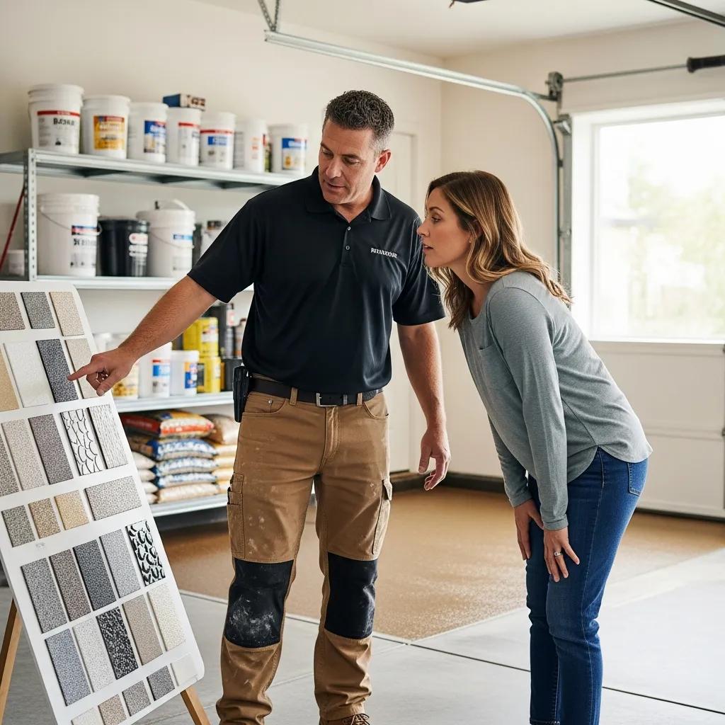 A man and a woman examine a display board featuring various flooring samples in a garage. The man points at the board while the woman leans in to look closely. Shelves with paint cans and supplies are in the background.