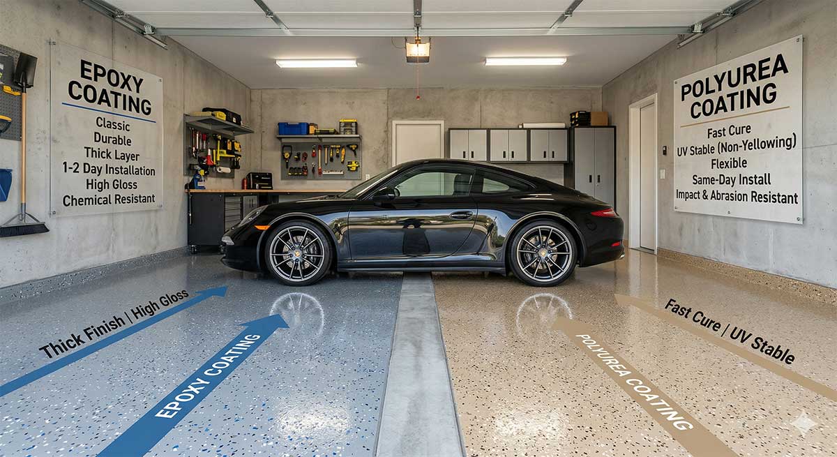 A black sports car is parked in a clean garage with two different floor coatings: blue-gray epoxy on the left and tan polyurea on the right. Large wall signs highlight the features of each coating type.