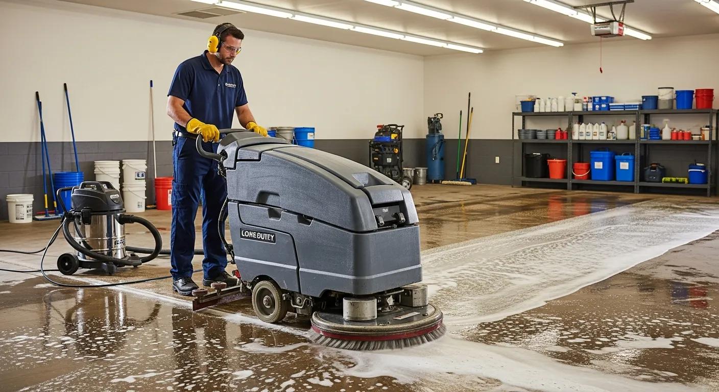 A man uses a large floor scrubbing machine to clean a wet, soapy floor in a spacious, well-lit janitorial supply room with cleaning tools and supplies on shelves in the background.