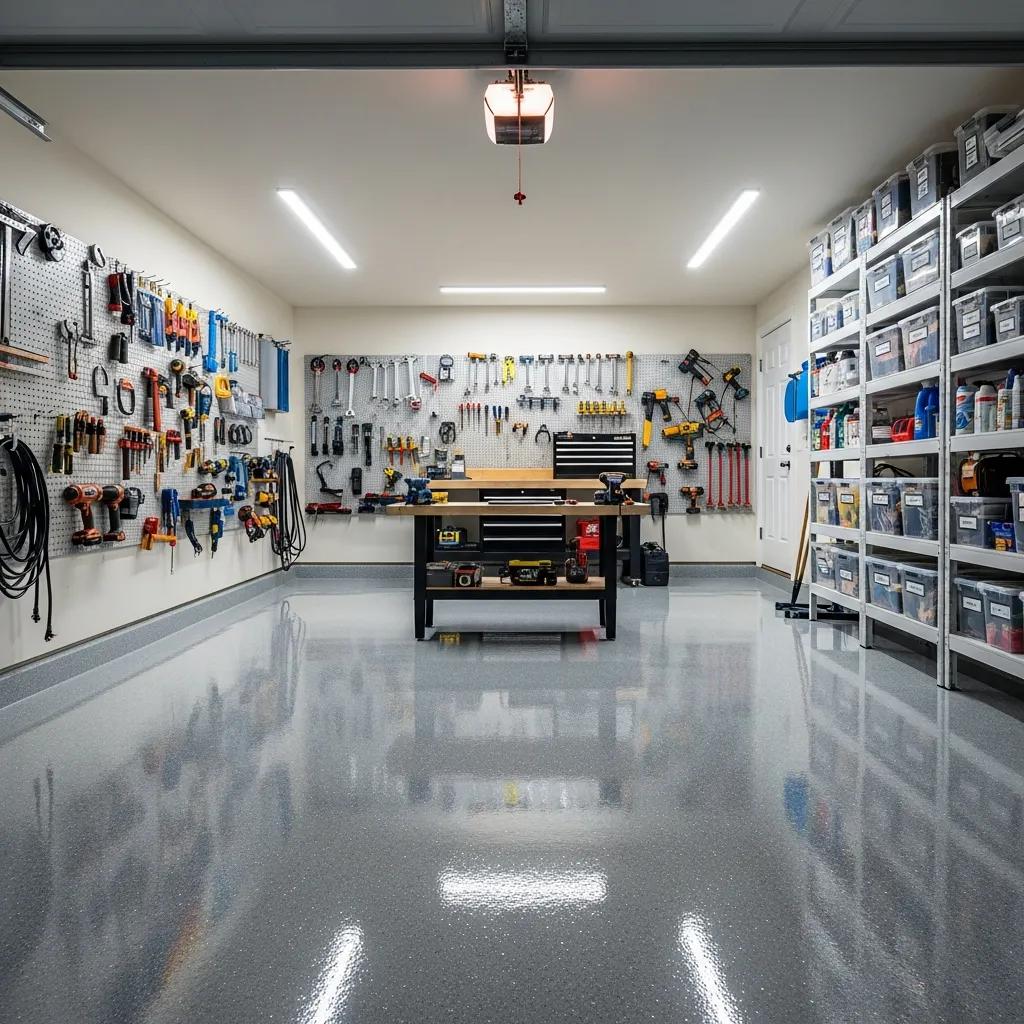 A clean, organized garage with tools hanging on pegboards, shelves of labeled storage bins on the right, and a workbench with toolboxes in the center. The floor is shiny and uncluttered.