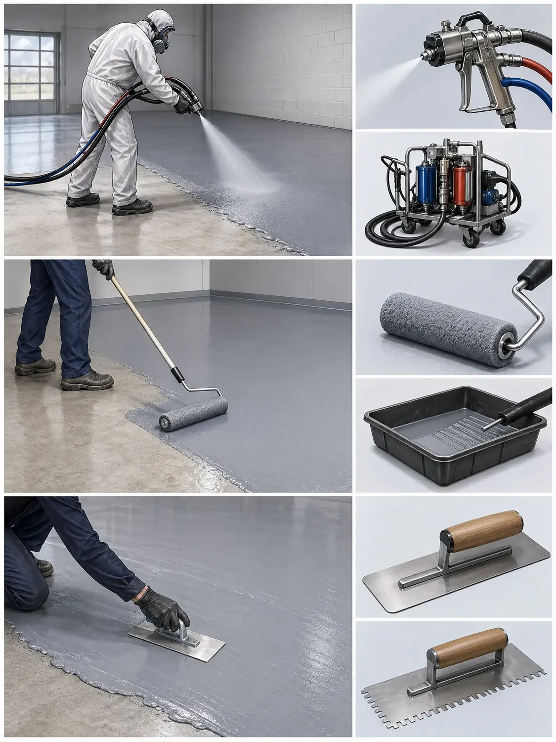 A collage shows various methods and tools for applying epoxy flooring: a worker spraying, another using a roller, trays with paint, a machine with paint containers, and flat, notched, and handled trowels smoothing the floor.