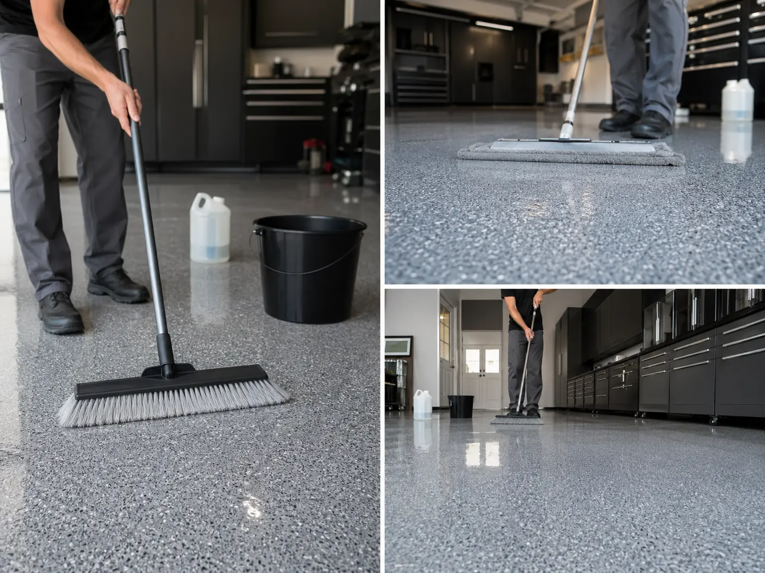A person cleans a shiny, speckled gray garage floor using a broom, mop, bucket, and cleaning solution. The garage features dark cabinets and organized storage along the walls.