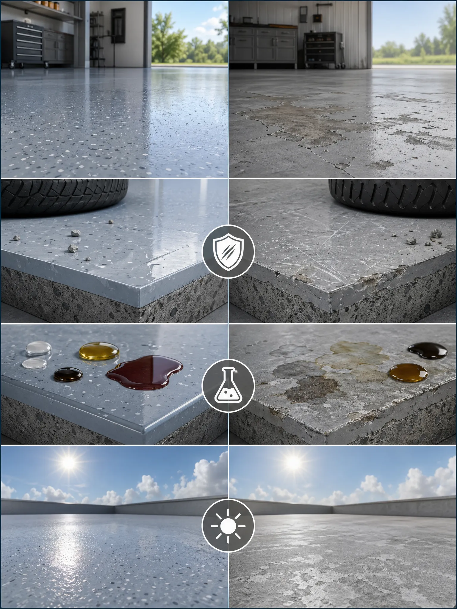 A comparison of untreated and treated concrete garage floors: the untreated side shows stains, tire marks, and damage, while the treated side appears clean, shiny, and resistant to spills, under a bright sky with clouds.