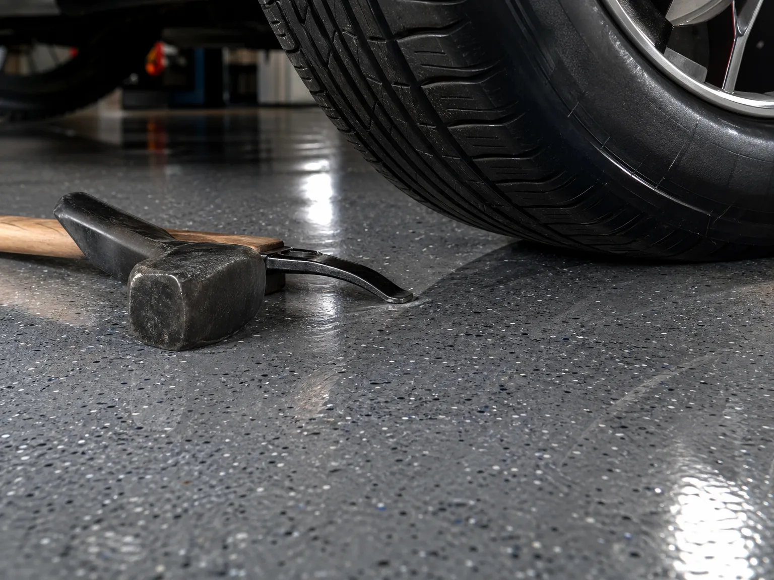 A close-up of a car tire near a claw hammer lying on a smooth, speckled gray garage floor, reflecting light.