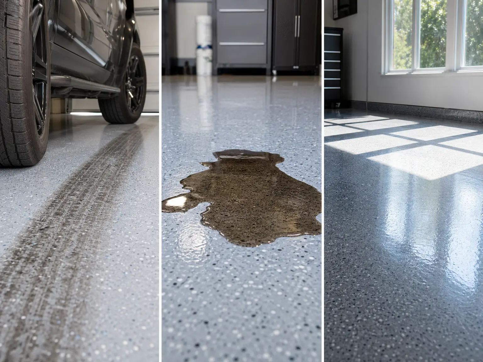 A triptych image shows a garage floor with tire marks, a liquid spill, and a clean shiny surface showcasing different conditions of an epoxy-coated garage floor.