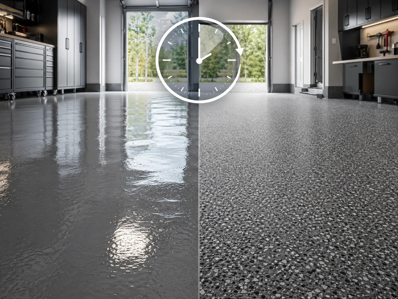 A split-view image of a garage floor showing a shiny, smooth gray epoxy coating on the left and a textured, speckled epoxy surface on the right. A clock graphic is overlaid at the top center.