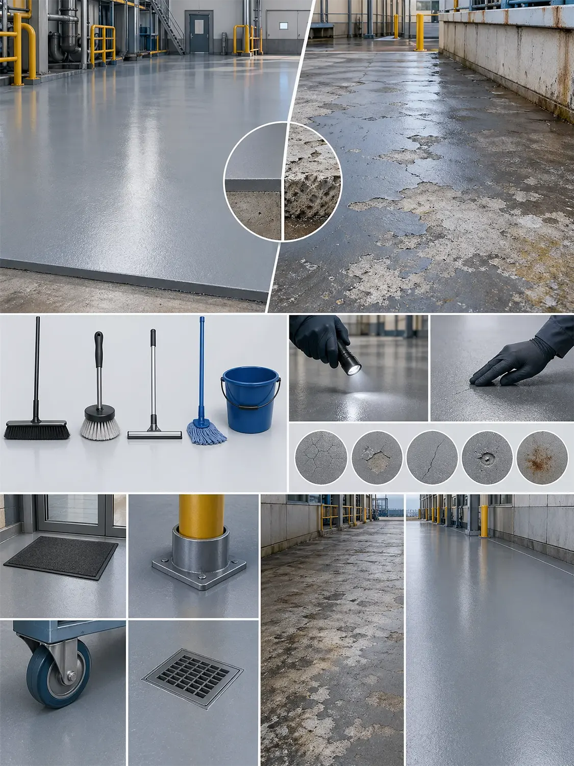 A collage showing a warehouse floor before and after resurfacing, cleaning tools, a bucket, gloves repairing cracks, floor drain, caster wheel, doormat, and details of cracks and damaged surfaces.