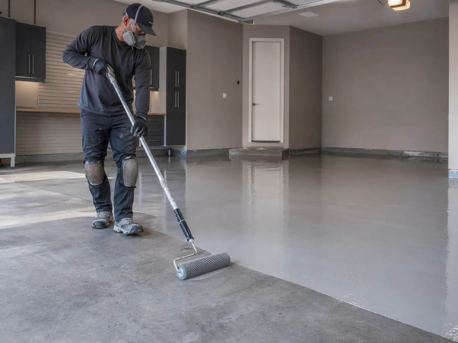 A person wearing protective gear and a mask uses a roller brush to apply a coating to a concrete garage floor inside a clean, empty garage.
