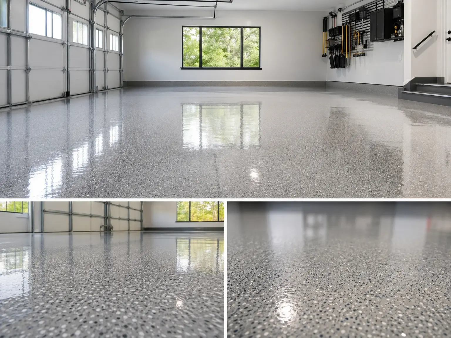 A clean, spacious garage with polished epoxy floors. The upper image shows the entire garage, while the two lower images display close-up views of the shiny, speckled floor surface. Large windows let in natural light.
