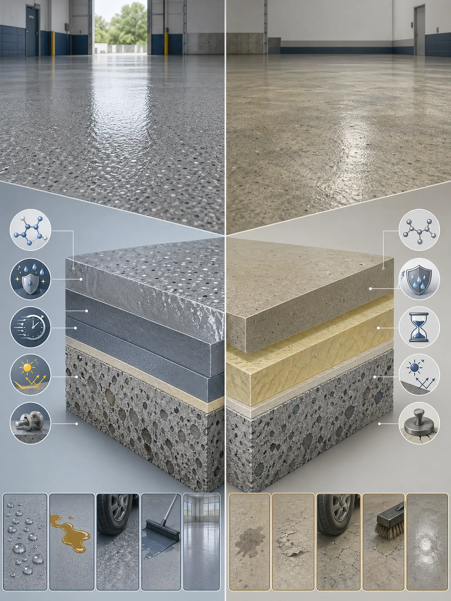 Split image comparing two types of concrete flooring. Left side shows a glossy, sealed concrete with icons highlighting durability and protection. Right side shows untreated concrete, appearing duller. Bottom shows close-ups and layered diagrams of both types.