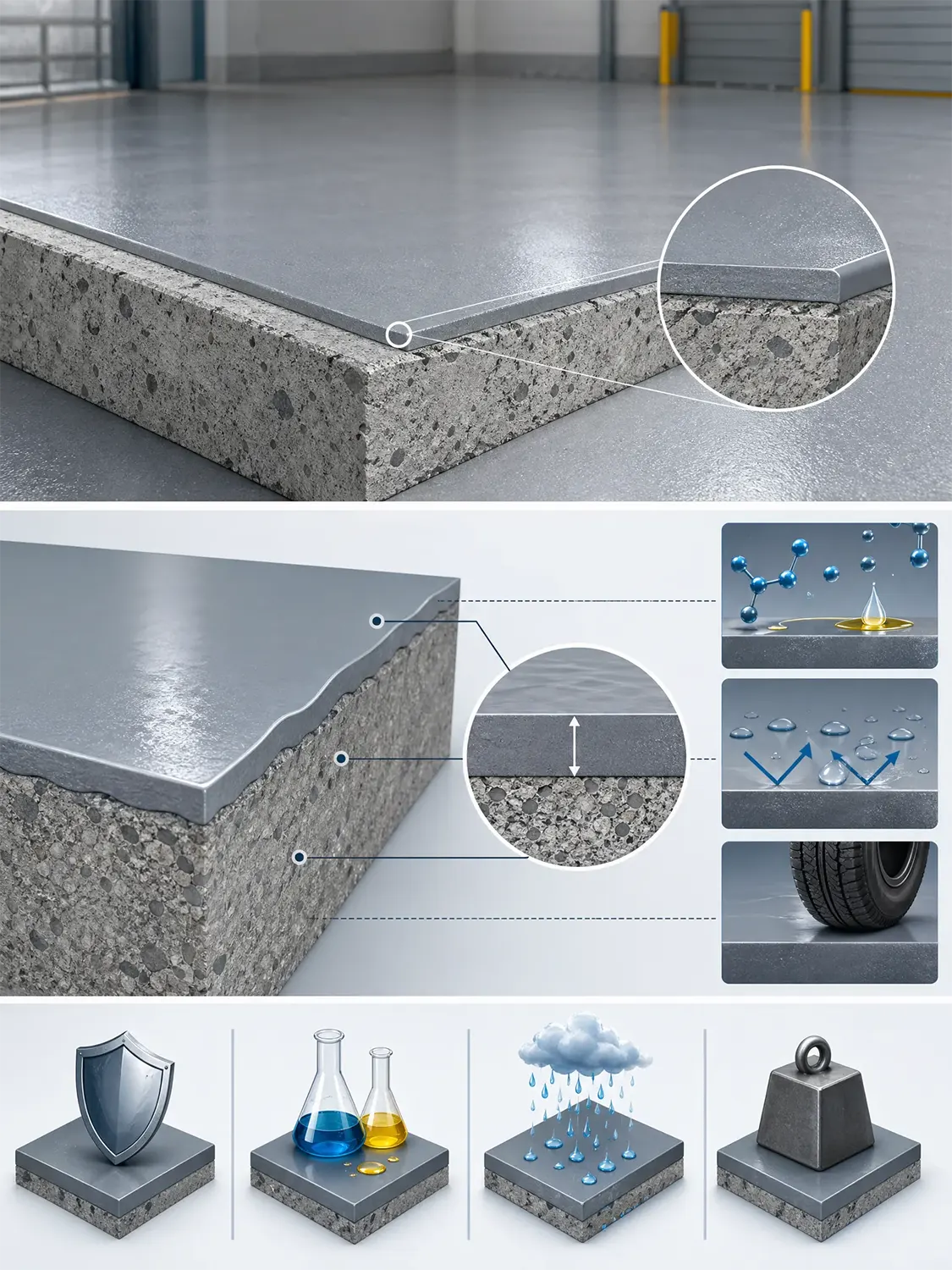 A graphic shows a cross-section of a coated concrete floor. Close-ups and icons highlight its smooth surface, liquid resistance, tire durability, protection, chemical resistance, waterproofing, and strength.
