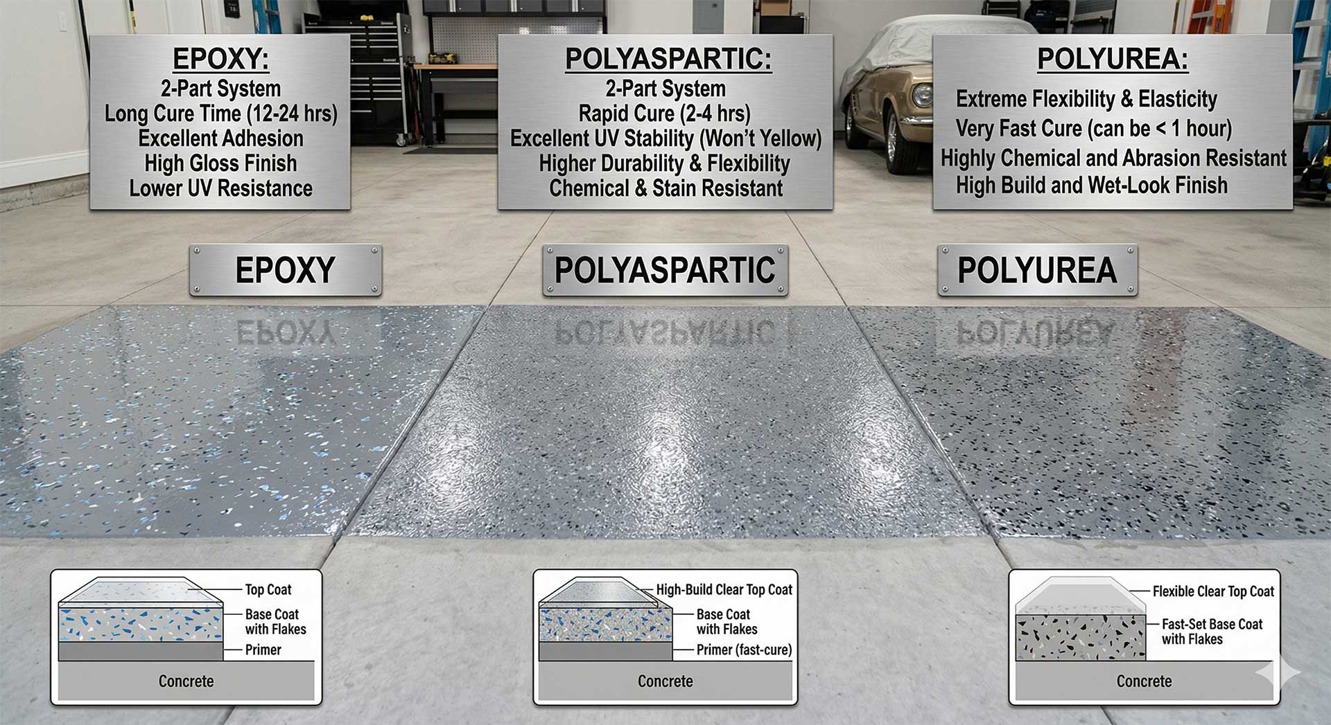 Comparison of epoxy, polyaspartic, and polyurea concrete floor coatings, showing differences in finish, composition layers, and key features; garage setting with cars and tools in the background.