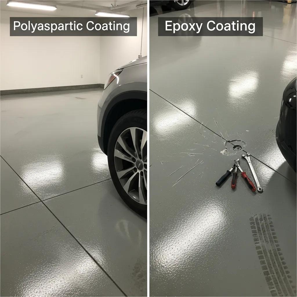 Side-by-side comparison of a garage floor with polyaspartic coating (left, undamaged) and epoxy coating (right, damaged with tools and a gouge in the floor). Cars are parked on both floors.