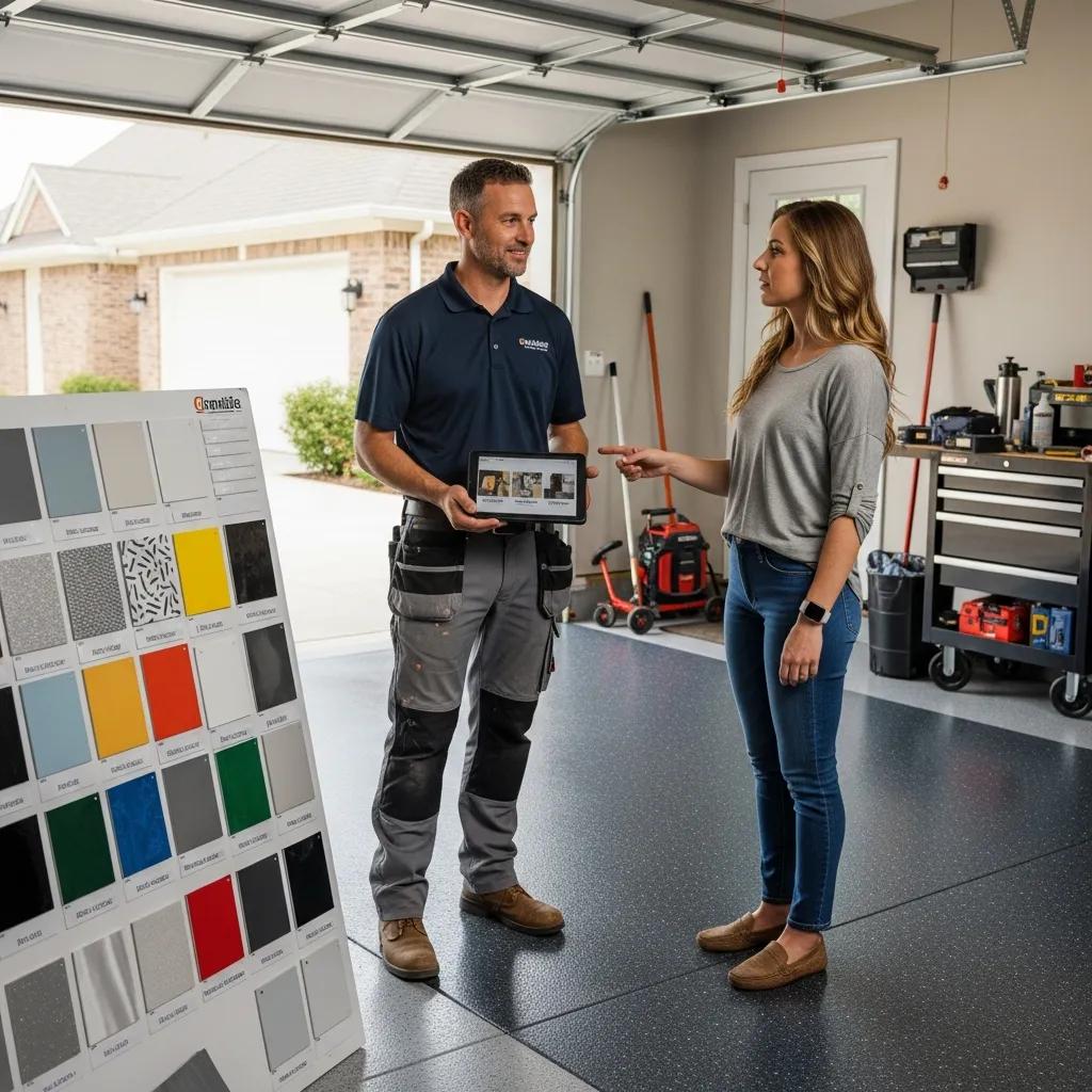 A man in work clothes shows a tablet to a woman in a garage. They stand near a display board with flooring samples and colors. The garage has tools, equipment, and a clean, organized appearance.