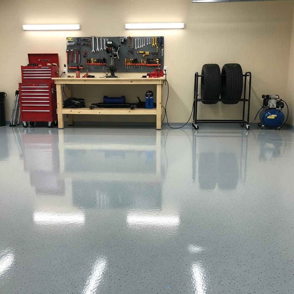 A tidy garage workshop with a wooden workbench, wall-mounted tools, a red tool chest, a rack holding car tires, and an air compressor on a clean, shiny floor under bright lighting.