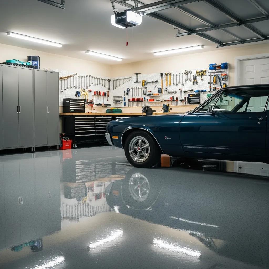 A clean, organized garage with a classic blue car parked inside. The space features tool cabinets, a workbench with tools neatly hung on the wall, and a shiny, polished floor reflecting the car and surroundings.