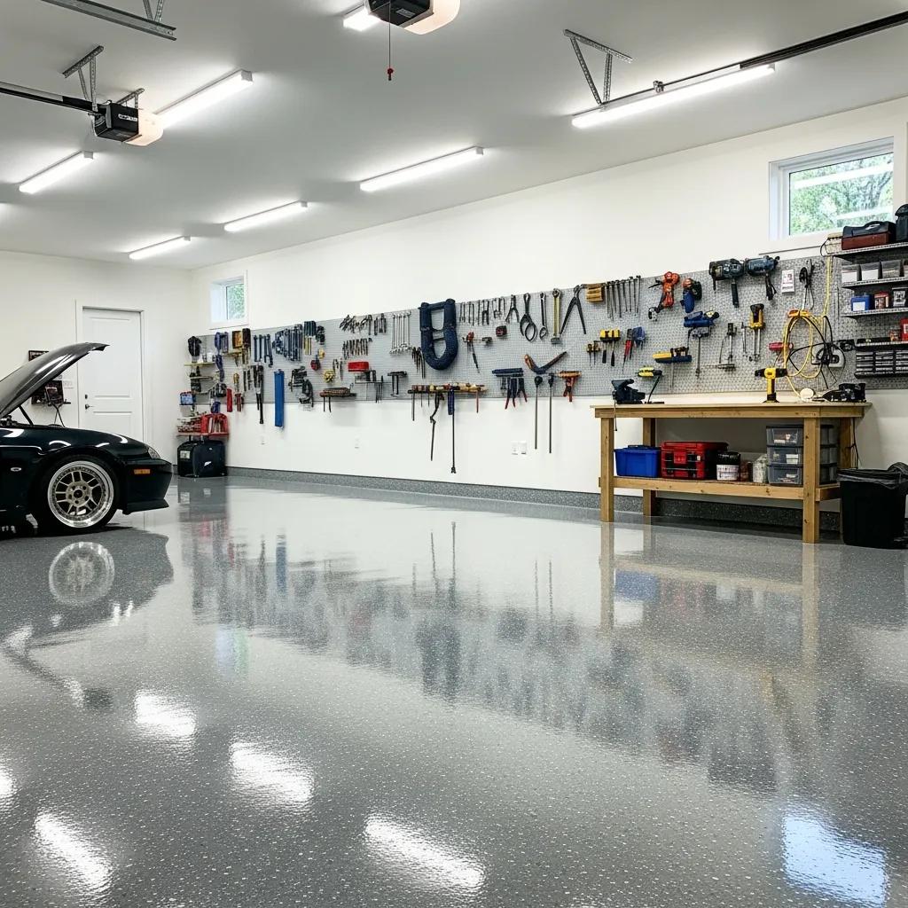 A clean, organized garage with a shiny, speckled floor. Tools and equipment hang neatly on a pegboard wall above a wooden workbench. A car with its hood open is parked on the left side. Bright overhead lights illuminate the space.