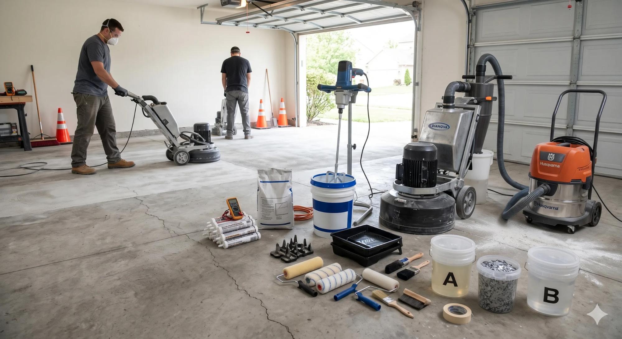 Two people work in a garage preparing a concrete floor, with tools, paint rollers, buckets, and equipment neatly arranged in the foreground. Both workers are wearing masks. The garage door is open.