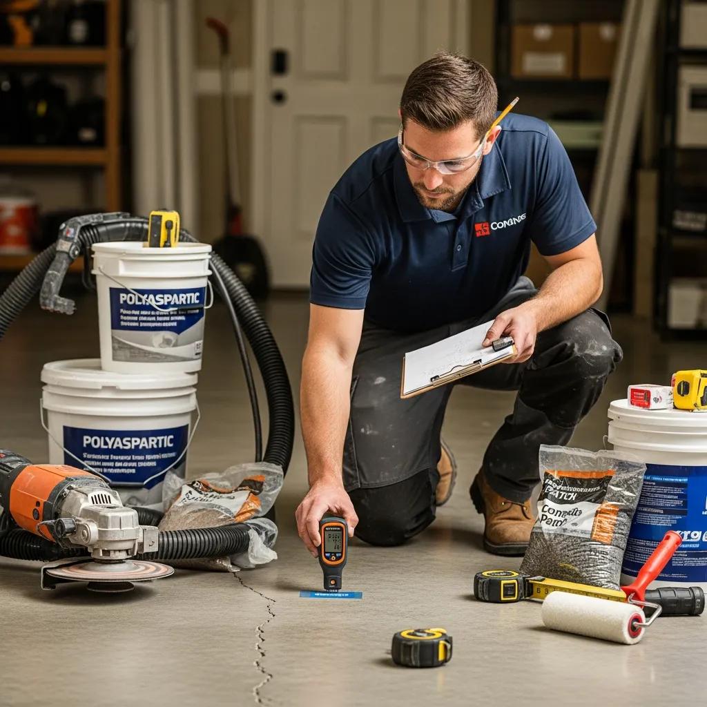 A man wearing safety glasses kneels on a cracked concrete floor, using a measuring device. He holds a clipboard and is surrounded by tools, buckets labeled “Polyaspartic,” and bags of “concrete patch repair.”.