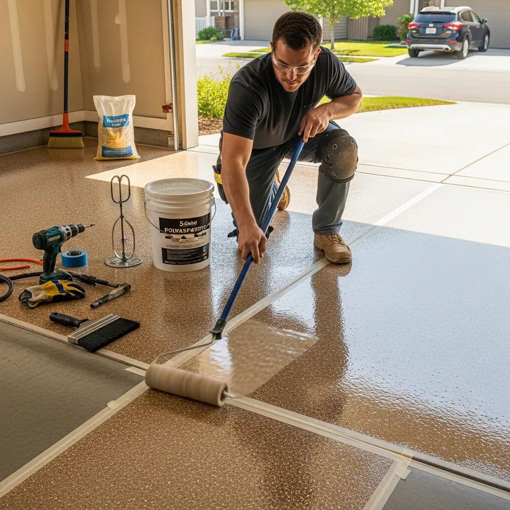 A man applies epoxy coating to a garage floor with a roller. Tools, a bucket, and supplies are nearby. The garage door is open, showing a sunny suburban street and a parked car outside.