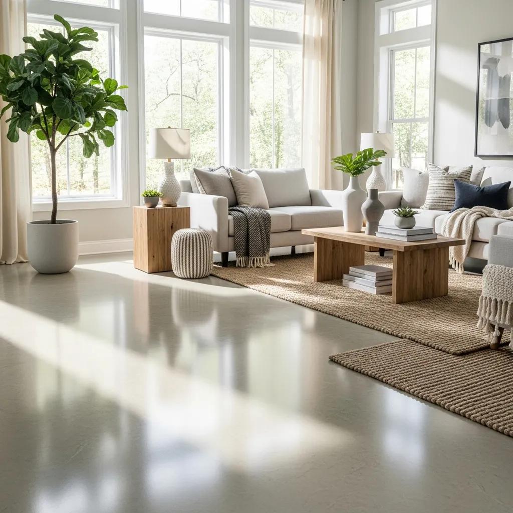 Bright, modern living room with large windows, white sofas, wooden tables, green potted plants, neutral rugs, and light curtains. Sunlight streams in, creating a cozy and inviting atmosphere.