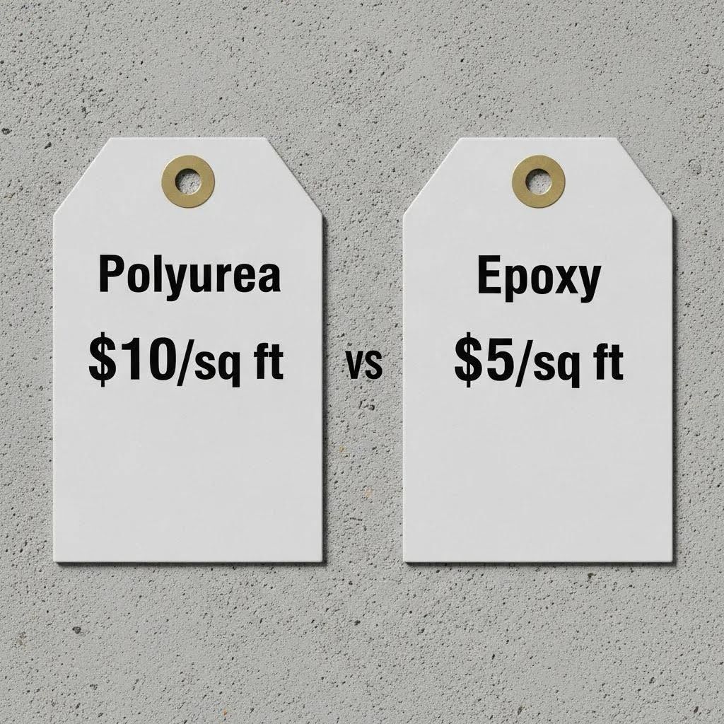 Two price tags on a concrete background; one reads Polyurea $10/sq ft and the other reads Epoxy $5/sq ft with vs between them, comparing the cost per square foot of each material.