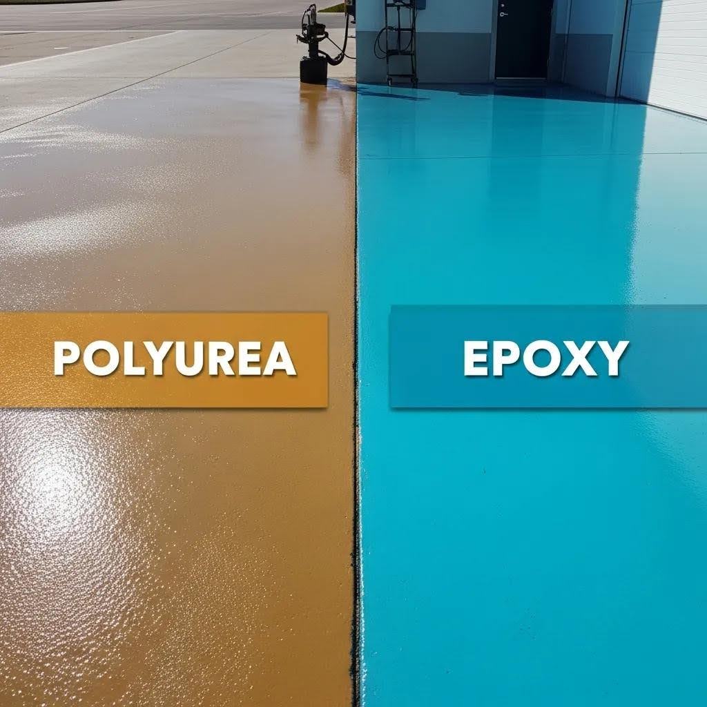 A side-by-side comparison of two floor coatings: the left side is a brown polyurea surface, and the right side is a blue epoxy surface, each clearly labeled. The background shows an industrial garage setting.