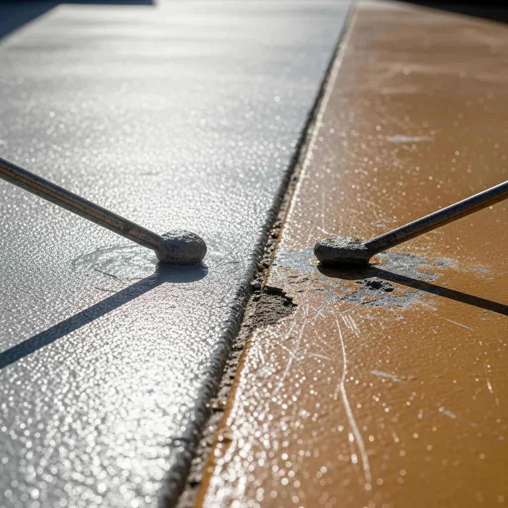 Close-up of two table tennis paddles resting on opposite sides of a ping pong table, one side gray and the other brown, with sunlight casting shadows.