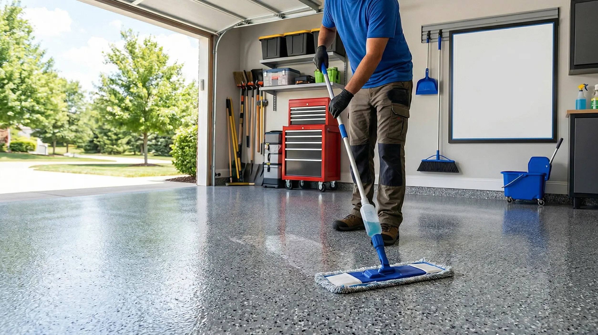 A person wearing gloves and work clothes uses a mop to clean a shiny garage floor. The garage is organized with tools, a red tool chest, and cleaning supplies visible, and the garage door is open to a green yard.