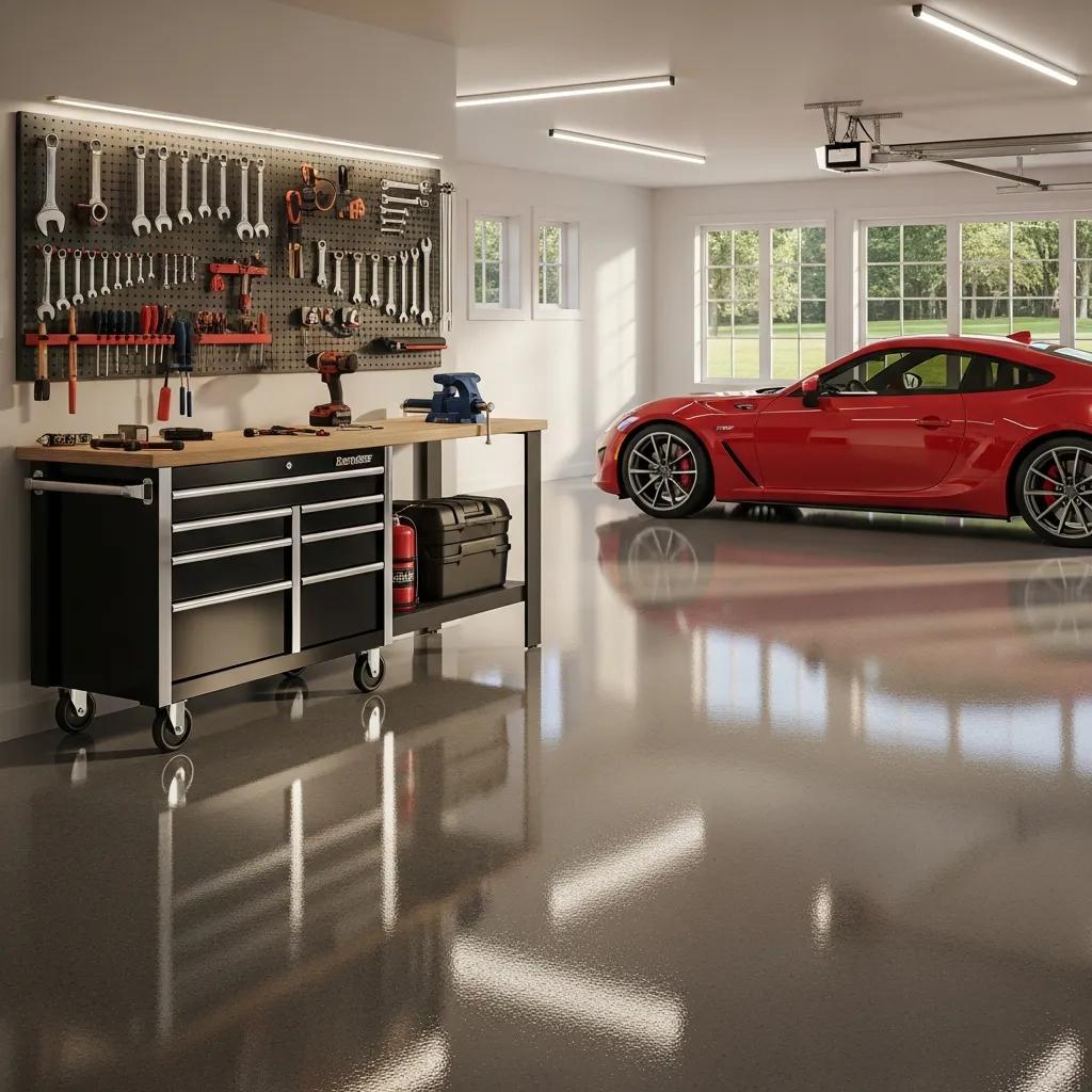 A clean, modern garage with a shiny floor, a red sports car parked near large windows, and a tool bench with various tools neatly organized on a wall-mounted pegboard.