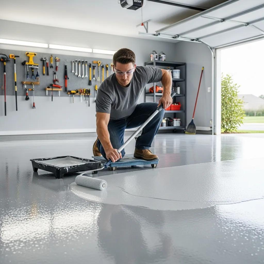 A man wearing safety glasses uses a paint roller to apply a gray coating to a garage floor. Behind him, tools are neatly organized on the wall and shelves, and the garage door is open to a green lawn outside.