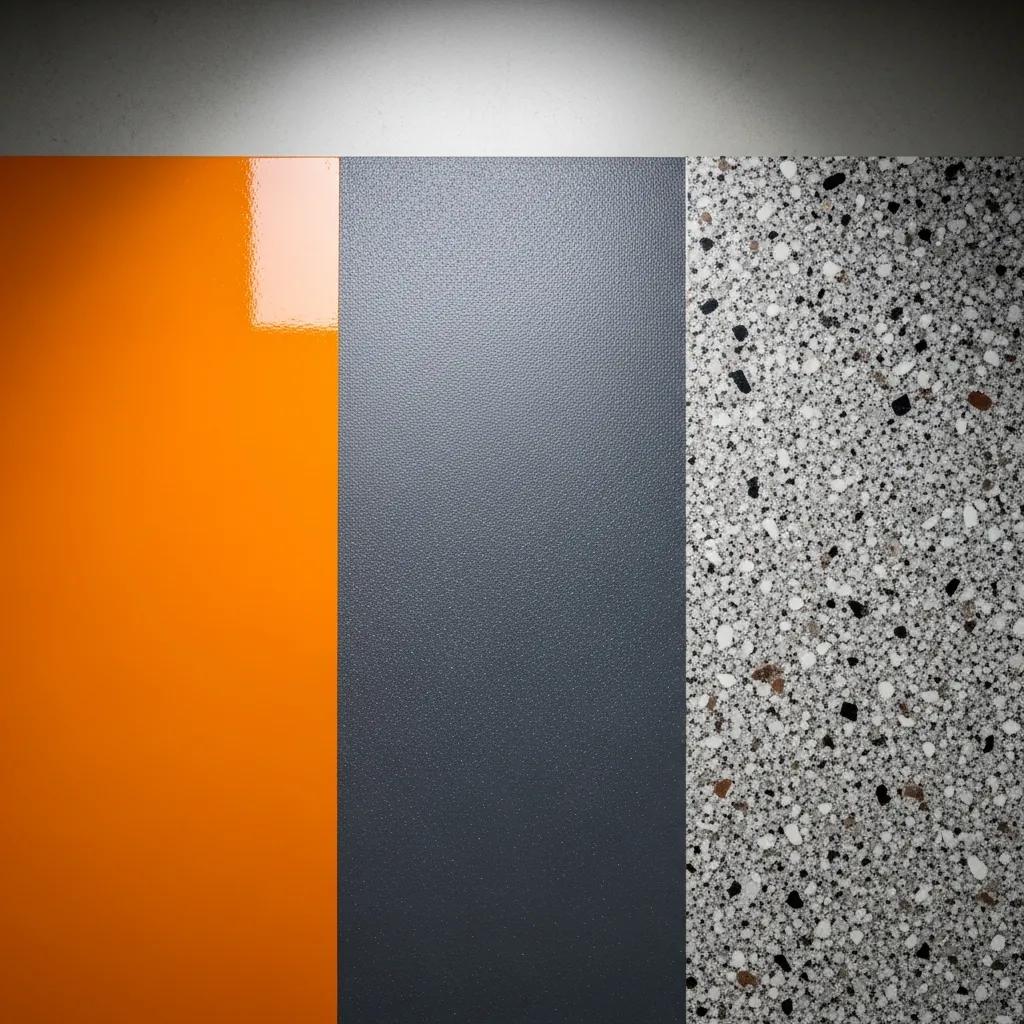 Three vertical panels: glossy orange on the left, matte dark gray in the center, and speckled gray terrazzo on the right, all lit from above.