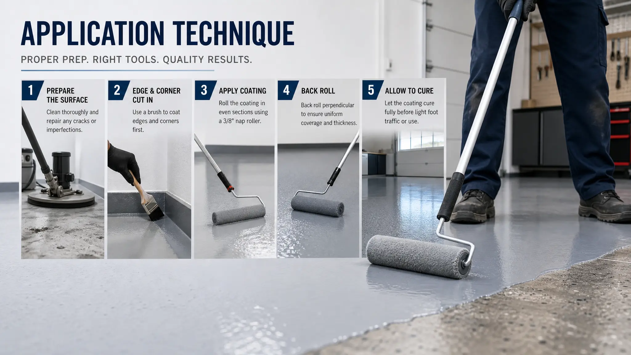 Step-by-step guide shows a person applying floor coating with a roller, including surface preparation, edging with a brush, rolling on coating, back rolling for even coverage, and allowing the floor to cure before use.