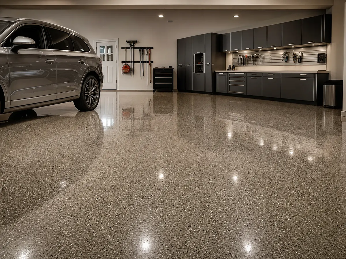 A clean, modern garage with a shiny, polished concrete floor, sleek gray cabinets, wall-mounted tools, and a silver SUV parked on the left side.