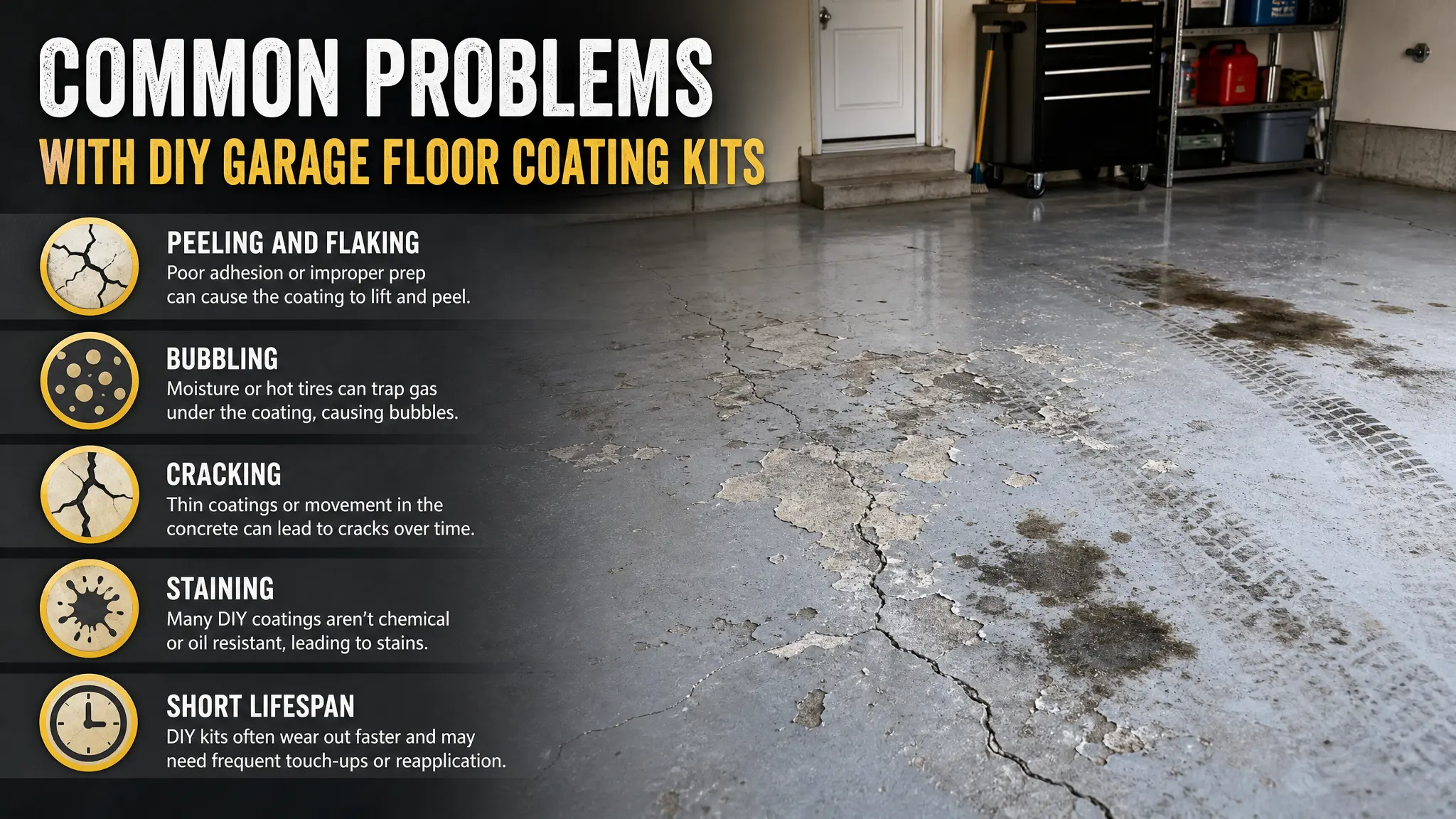 Image showing a worn garage floor with peeling, cracks, and stains. Text lists common problems with DIY garage floor coatings: peeling, bubbling, cracking, staining, and short lifespan, with related icons and brief descriptions.