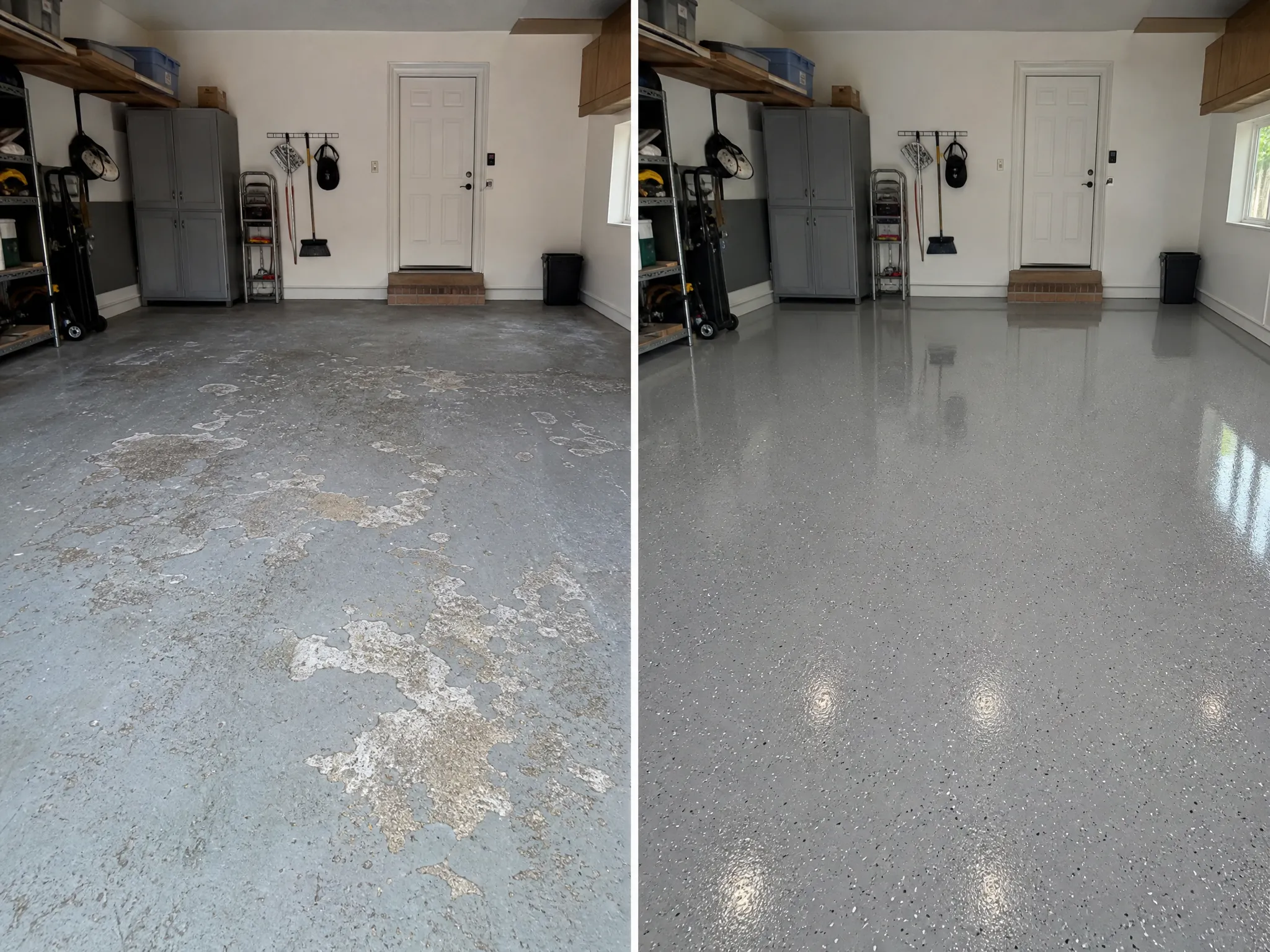 Side-by-side comparison of a garage floor before and after refinishing; the left side shows a worn, peeling surface, while the right side displays a smooth, clean, shiny floor with a speckled gray finish.