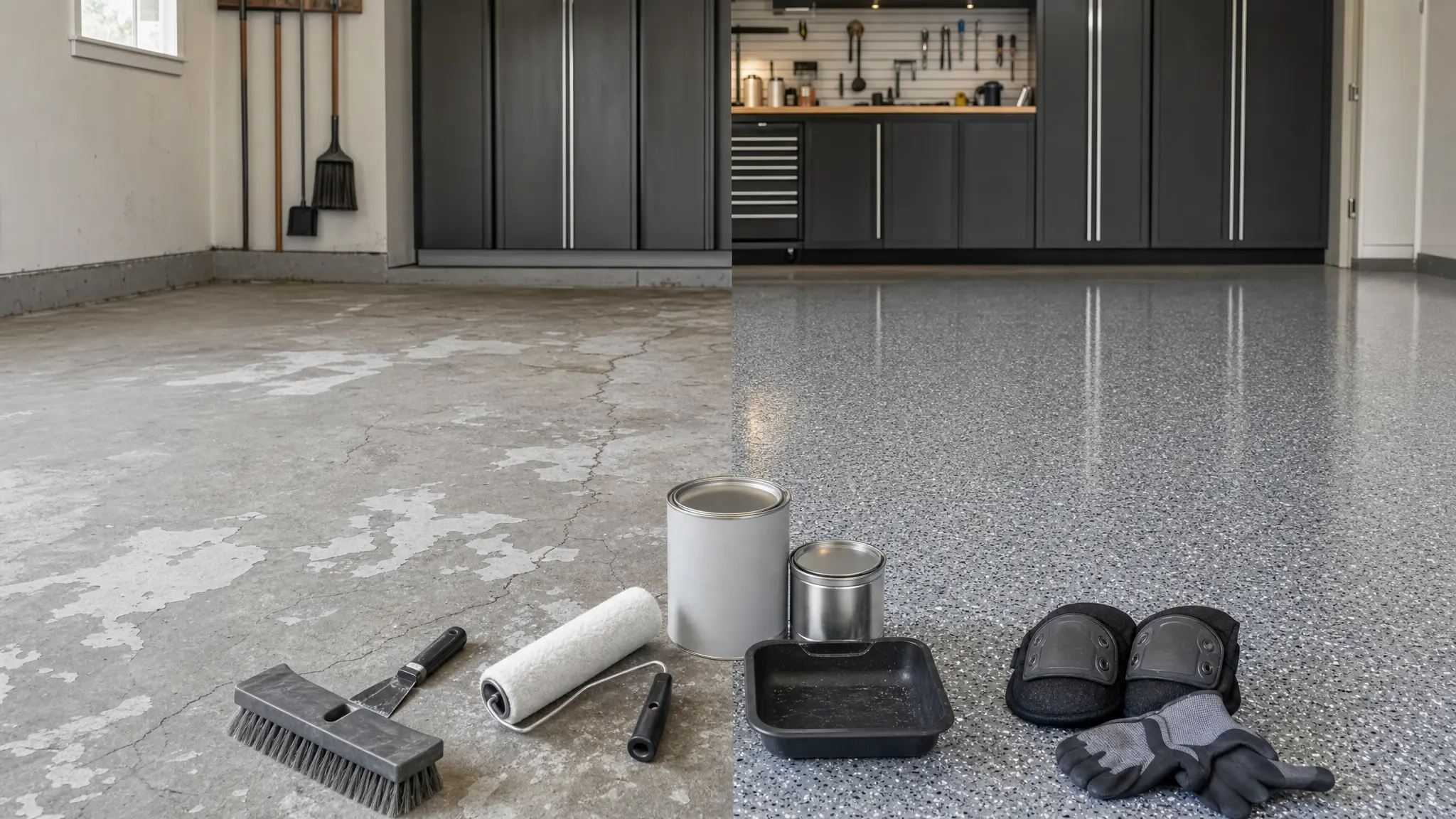 A garage floor shown in a split view: the left side is cracked and unfinished with cleaning and painting tools, while the right side is newly finished with a smooth, speckled surface and protective gear placed on the floor.