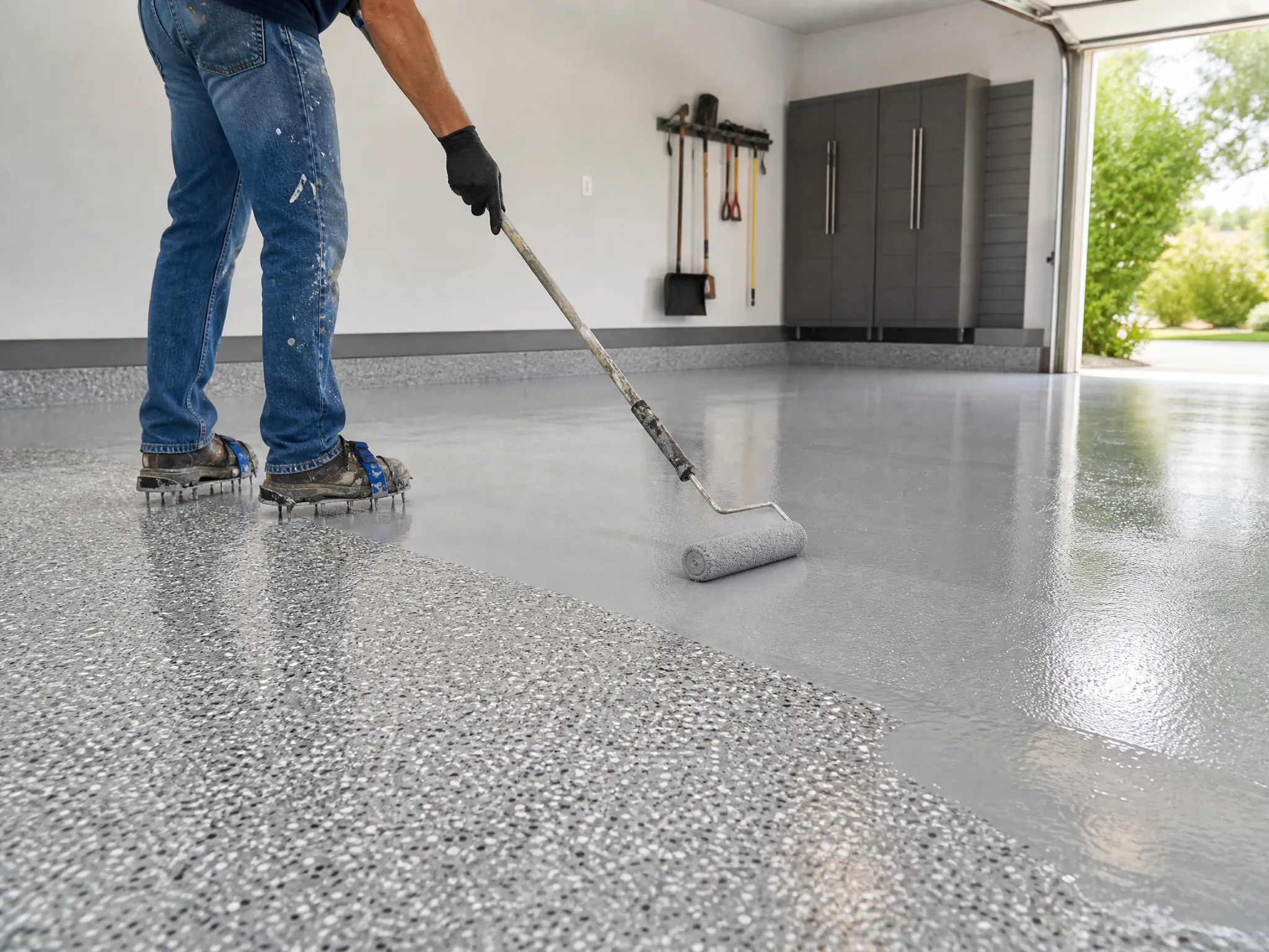 A person wearing spiked shoes and gloves uses a roller to apply a gray epoxy coating to a garage floor; cabinets and tools are visible on the back wall.