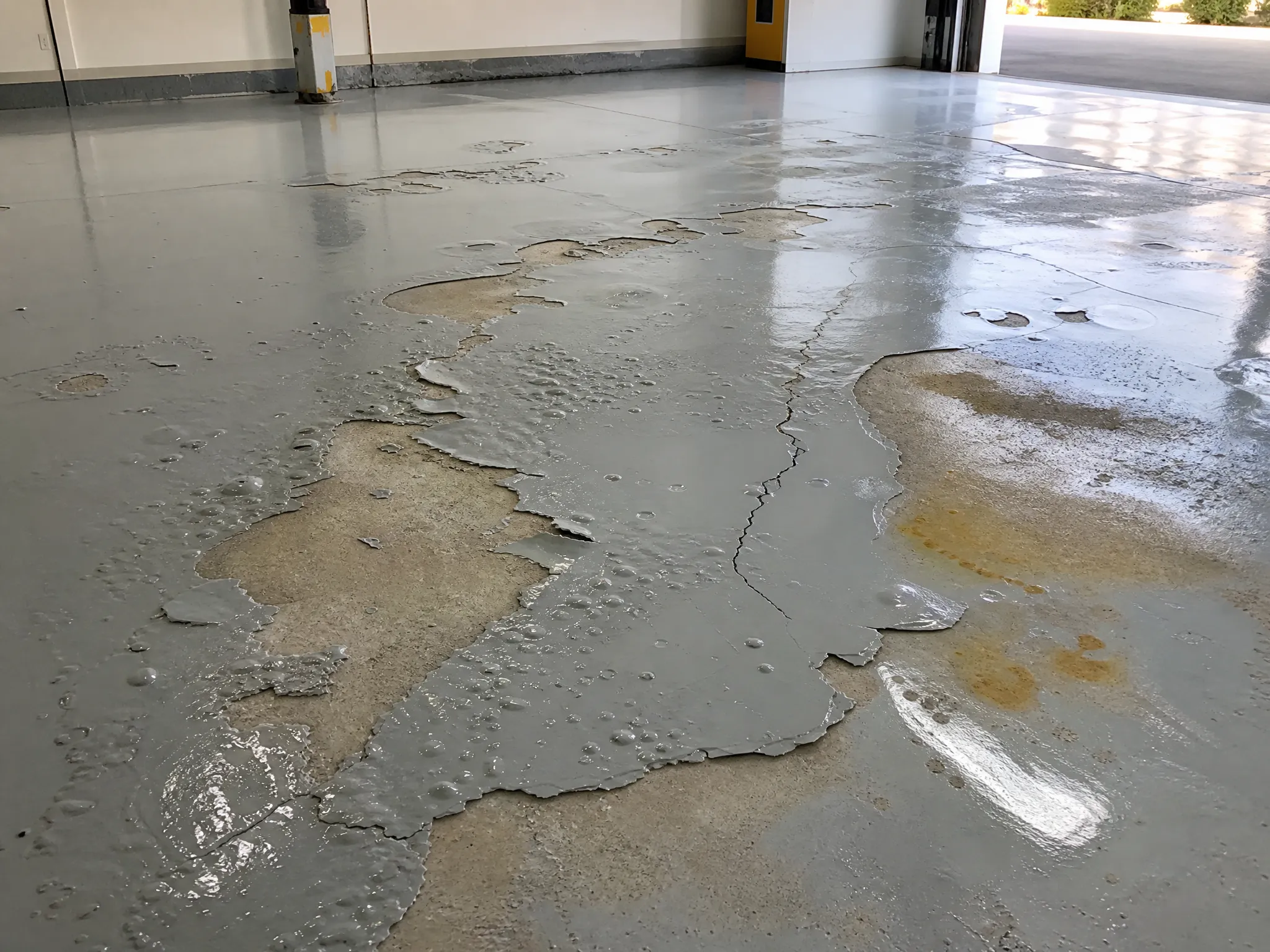 A concrete floor with peeling, bubbling, and cracked coating, revealing damaged and uneven areas beneath the surface in an indoor garage or industrial space.