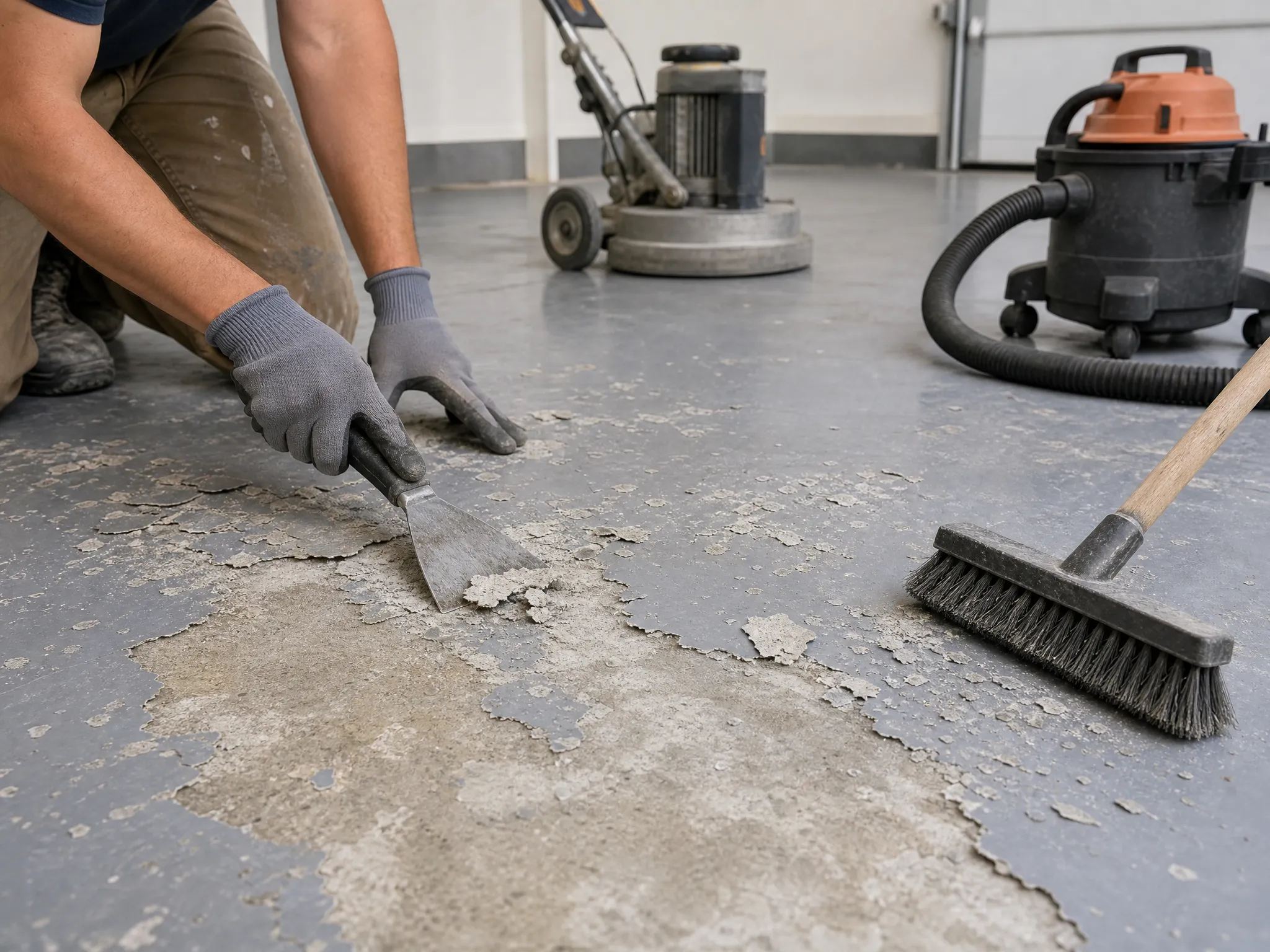 A person wearing gloves uses a scraper to remove peeling paint or damaged coating from a concrete floor, with cleaning tools and a vacuum nearby.