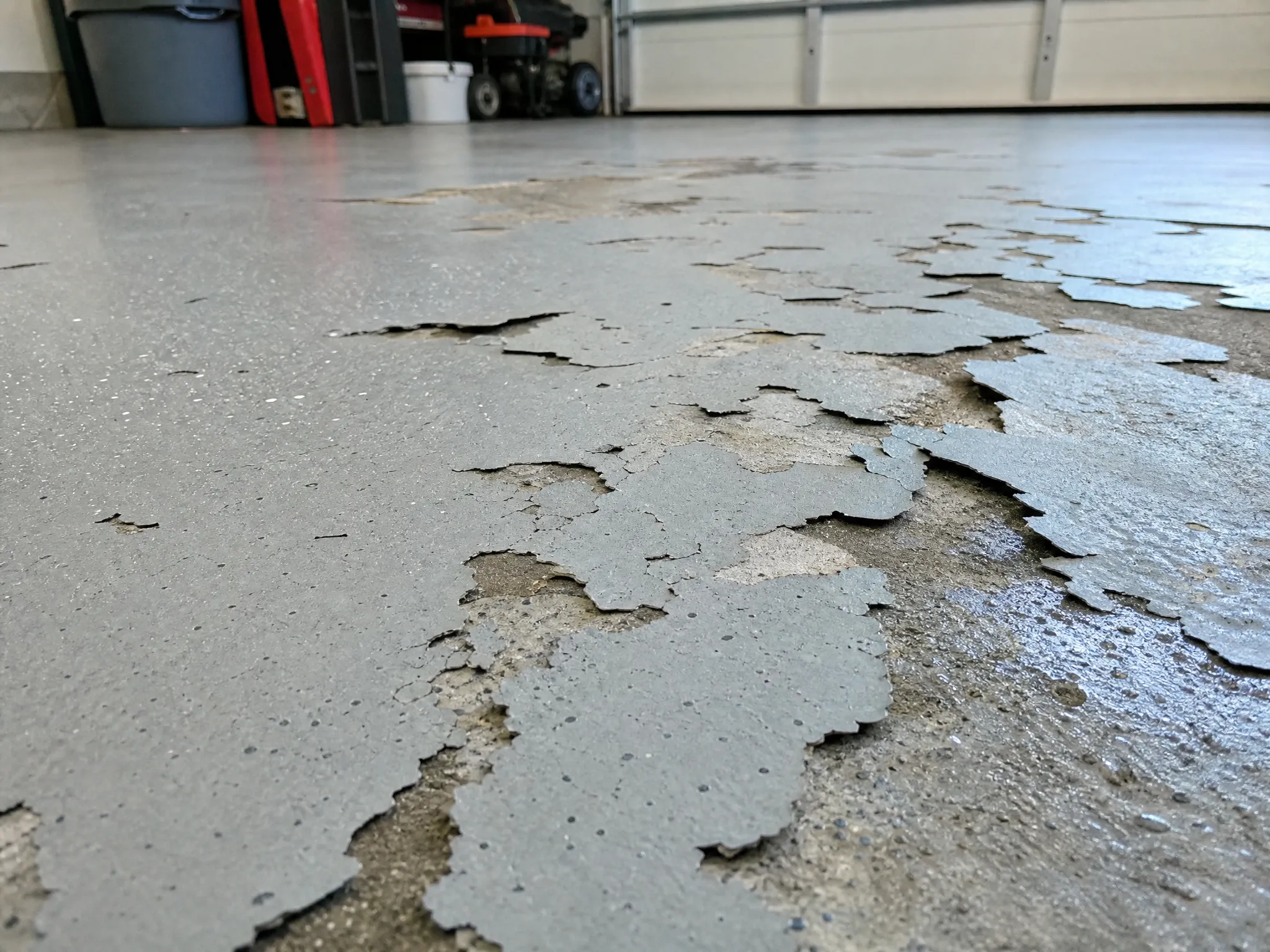 Close-up of a garage floor with peeling grey paint, revealing rough concrete underneath. The paint is flaking in large patches, giving the floor a worn and damaged appearance. Garage tools and shelves are blurred in the background.