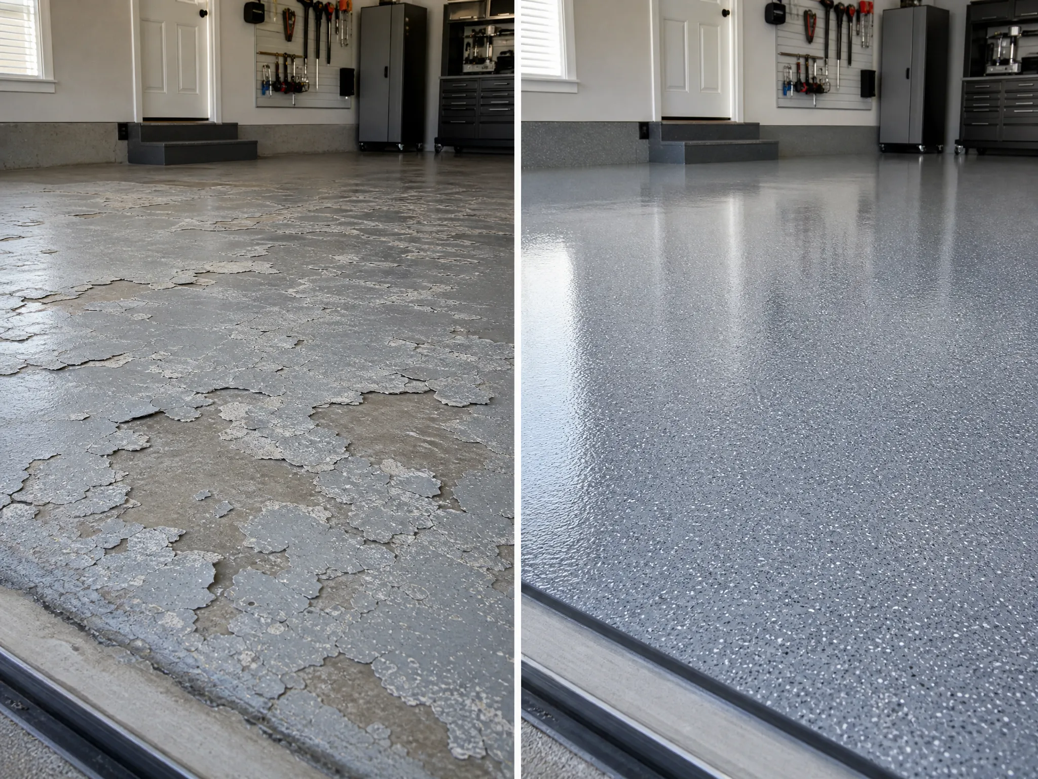 Side-by-side images of a garage floor: the left shows cracked and peeling paint, while the right shows a smooth, newly finished, shiny gray epoxy floor.