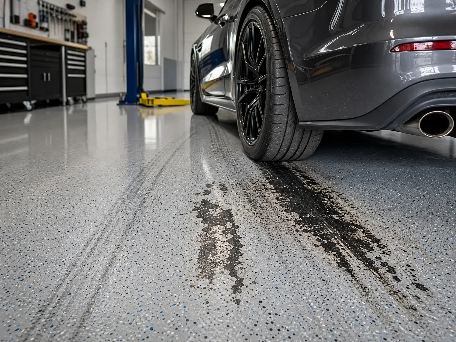 A dark-colored sports car leaves black tire marks and stains on a clean, shiny garage floor with speckled epoxy coating. Tool cabinets and a blue car lift are visible in the background.
