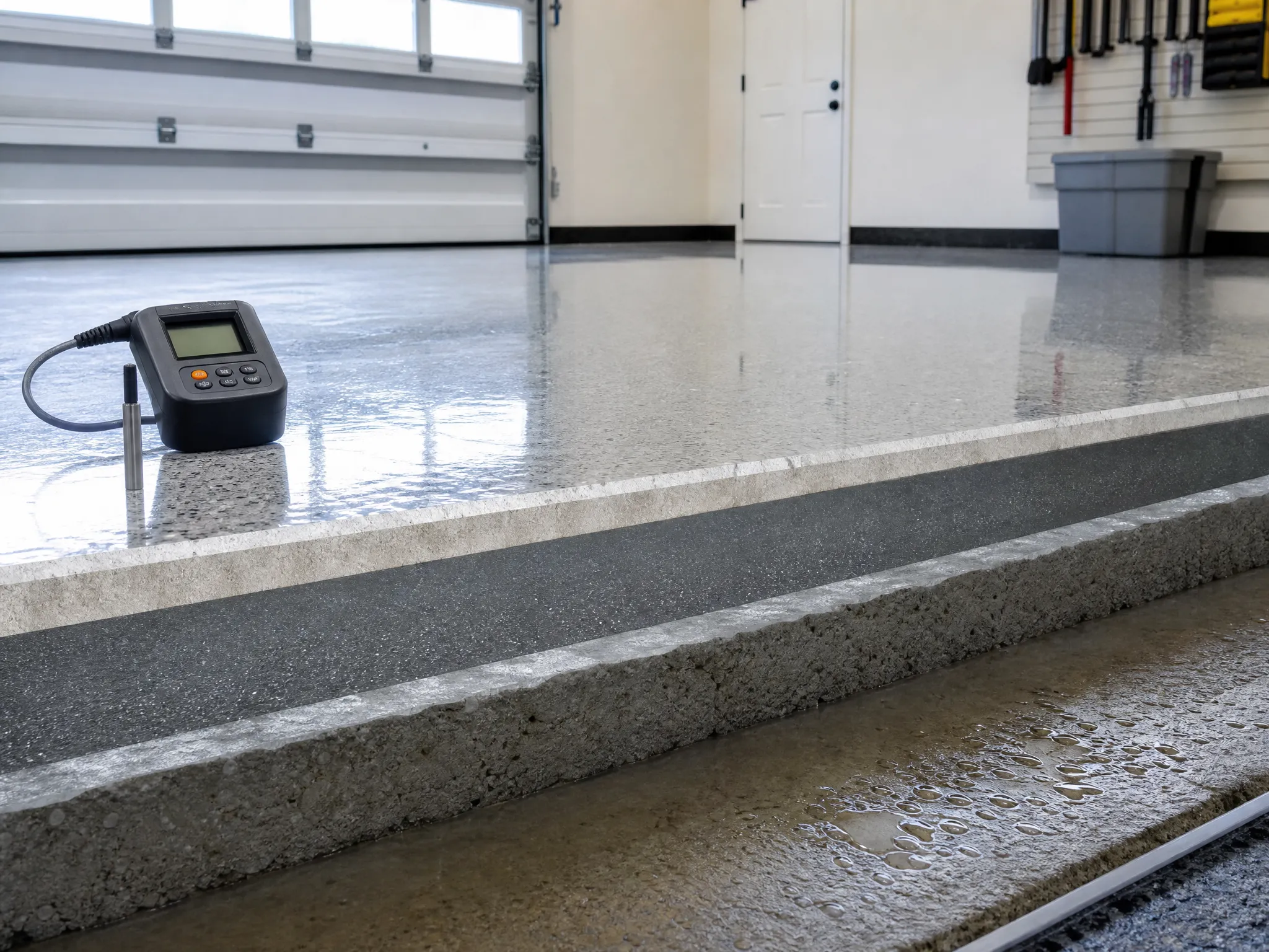 A close-up of a concrete garage floor with a shiny epoxy coating, a digital moisture meter resting on the step, and some garage tools and storage visible in the background.