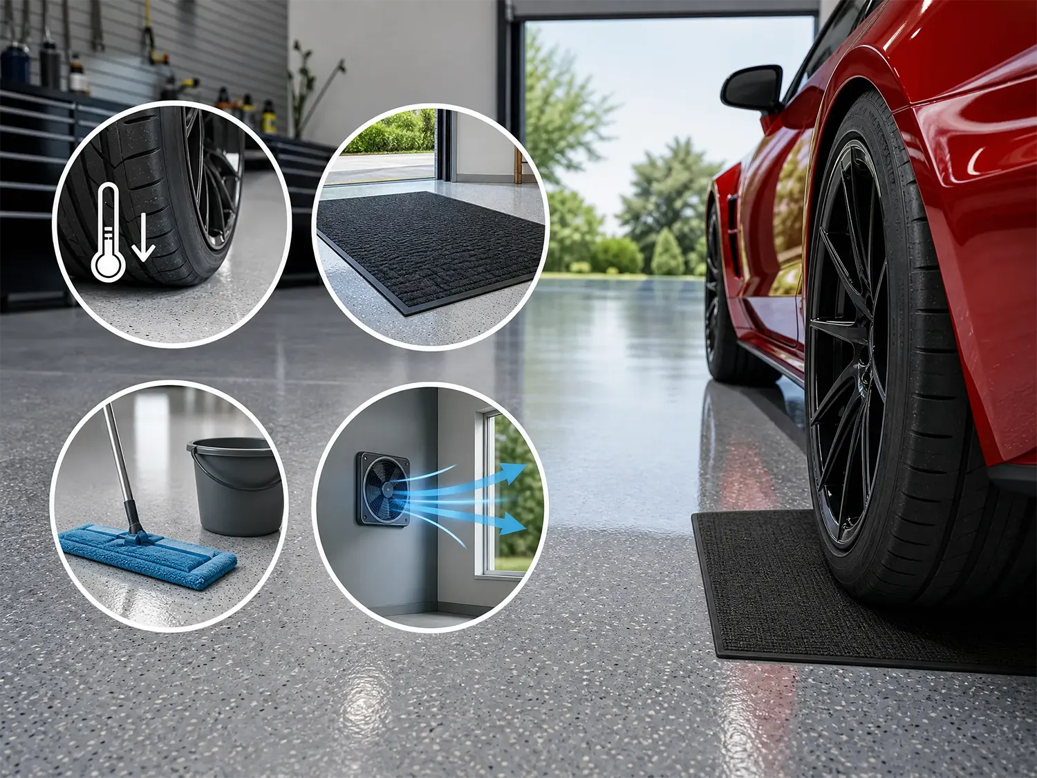 A red sports car parked in a clean garage with a black mat under the tire. Four circular insets show icons for temperature, a floor mat, mopping, and airflow, highlighting ways to maintain garage flooring.