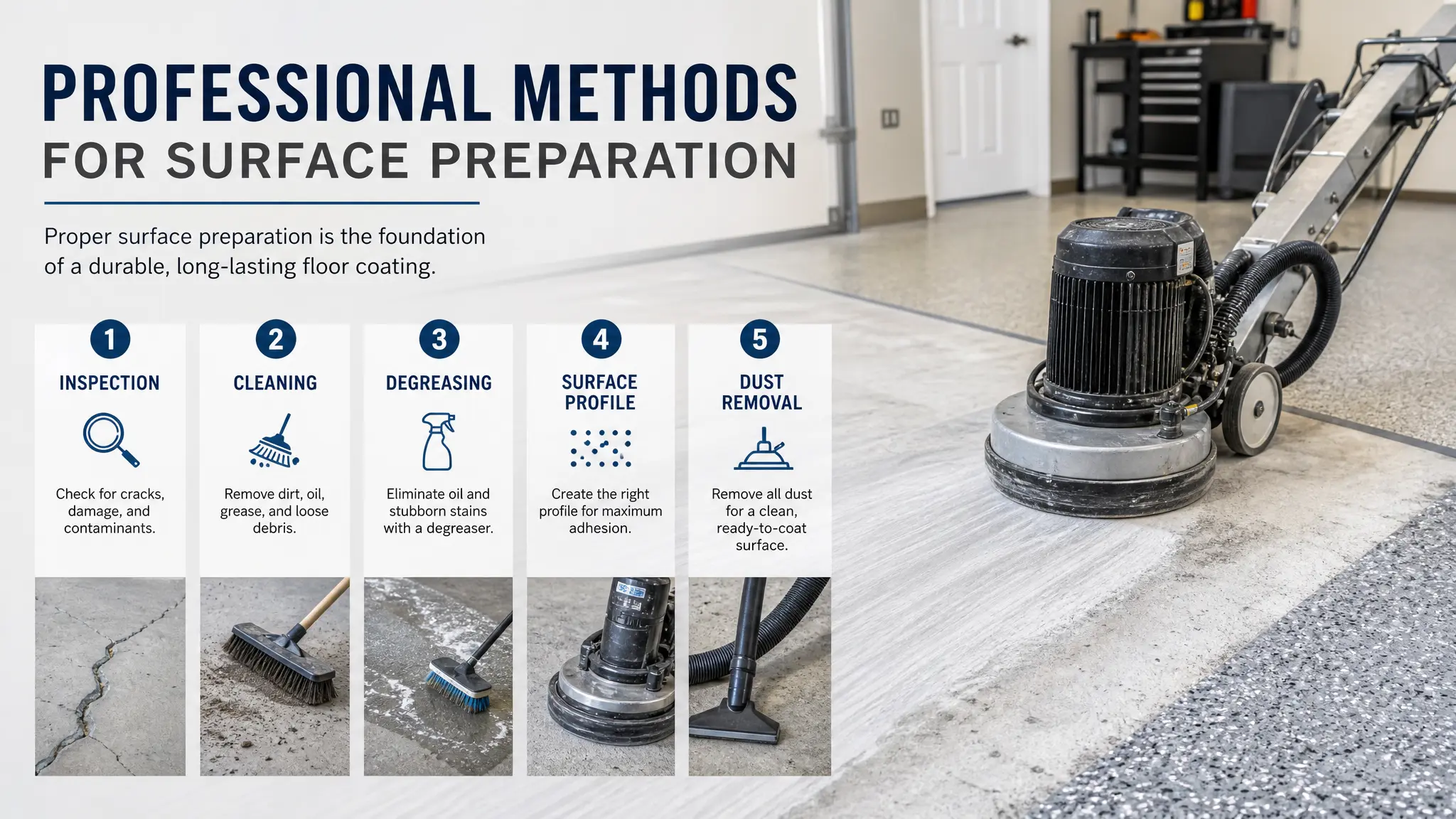 A floor grinder polishes a concrete surface in a workshop. A row of illustrated icons below outlines five steps: inspection, cleaning, degreasing, creating surface profile, and dust removal for floor prep.