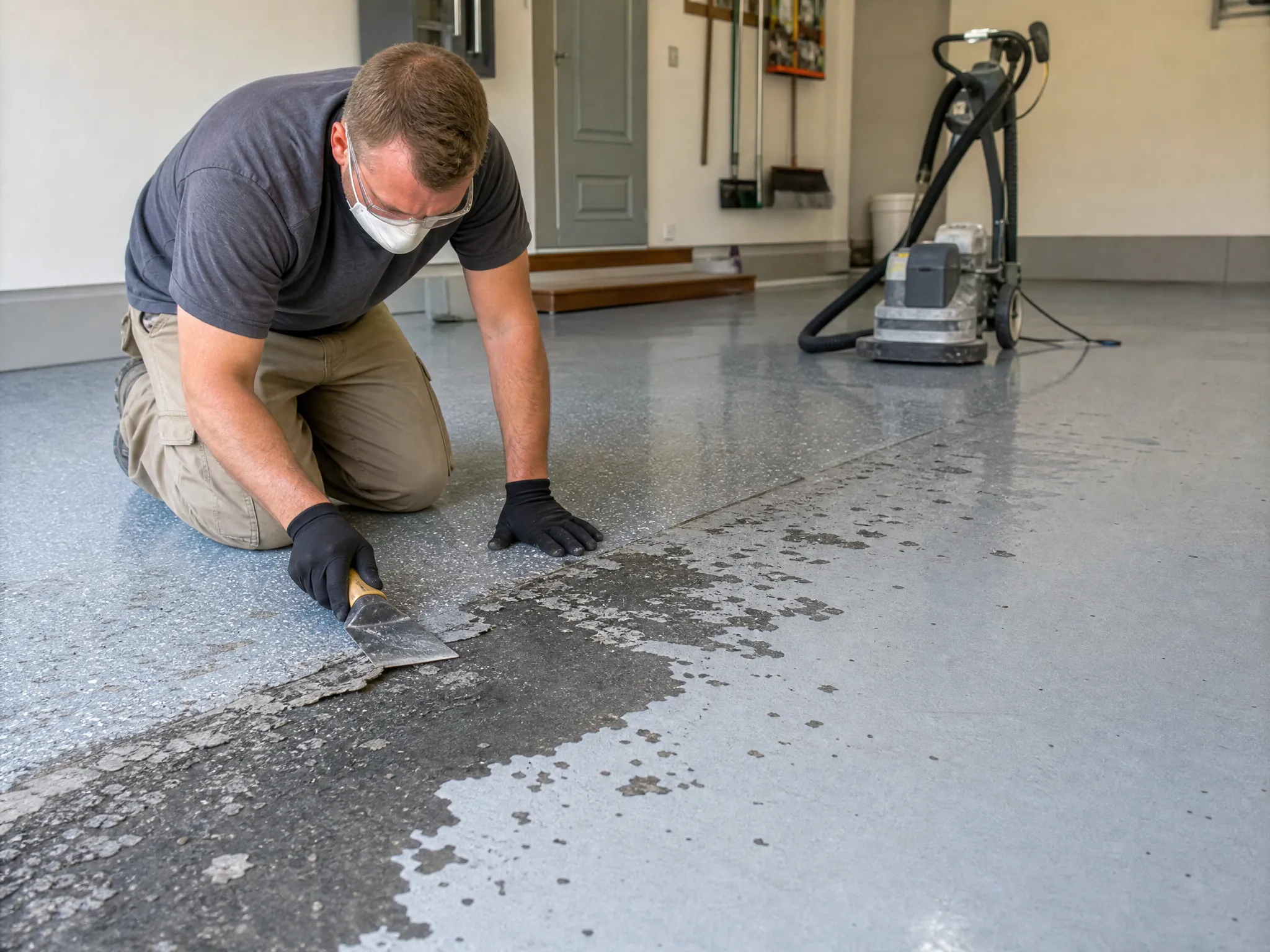 A man wearing a mask and gloves scrapes peeling paint off a concrete garage floor with a handheld tool. A floor sander and cleaning tools are visible in the background.