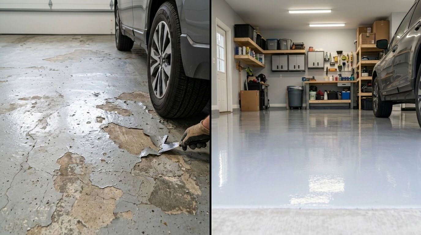 Comparison of DIY water-based epoxy floor peeling after 2 years versus a professionally installed 100% solids epoxy floor still in perfect condition