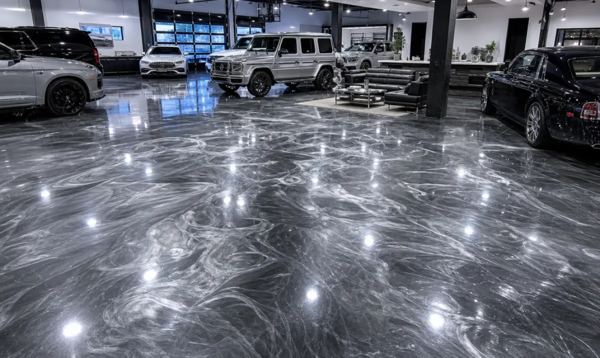 Completed metallic epoxy floor in a commercial showroom in Pittsburgh PA with chrome graphite swirl pattern