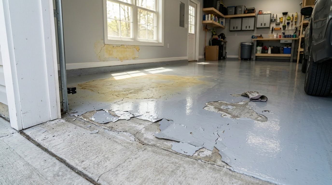 Epoxy garage floor showing signs of failure including peeling near the entry, yellowing from UV exposure, and worn-through patches exposing bare concrete